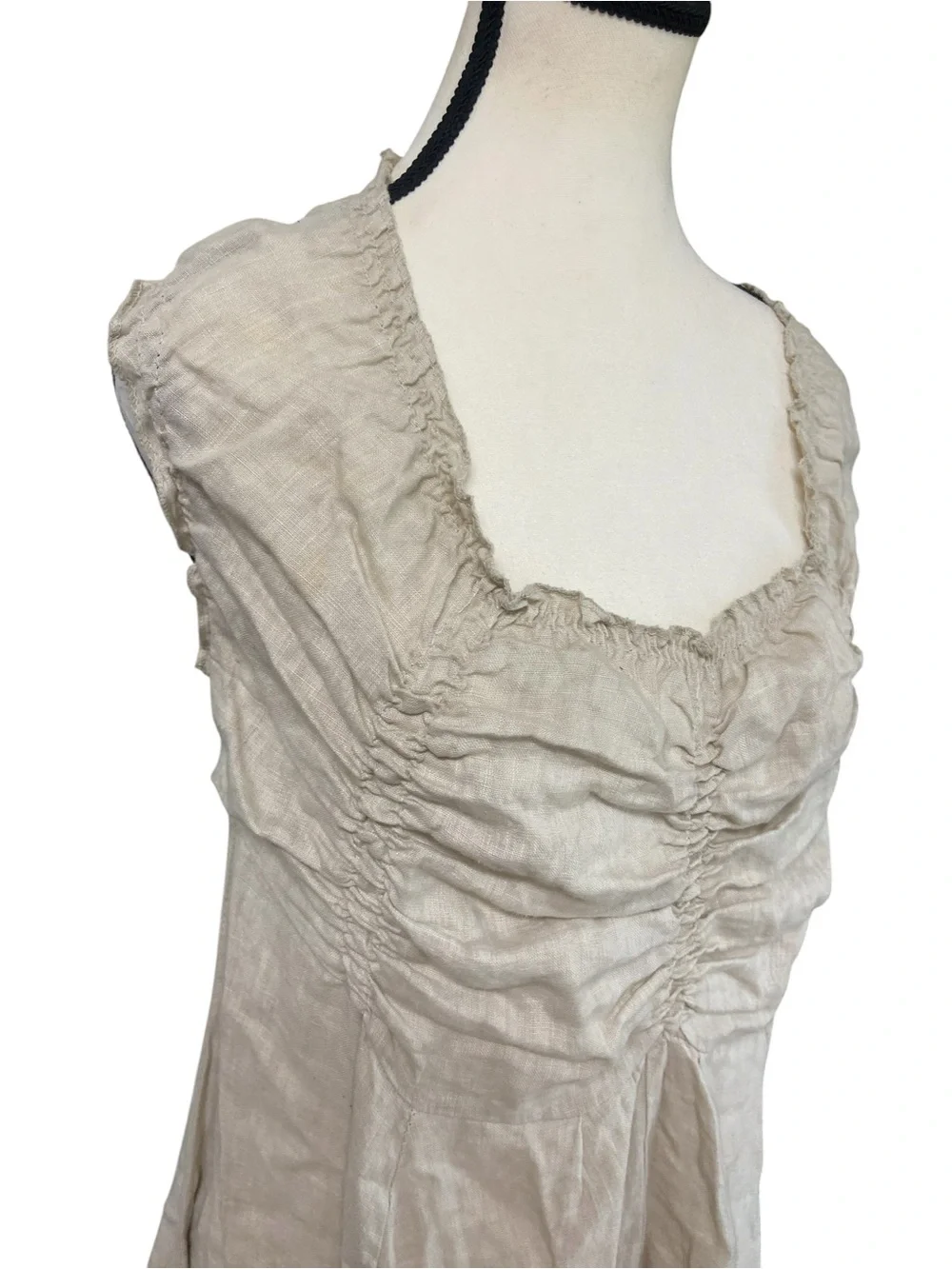 NYLL Italia 100% Linen Parachute Dress Flax Size M Ruched Boho Lagenlook Casual